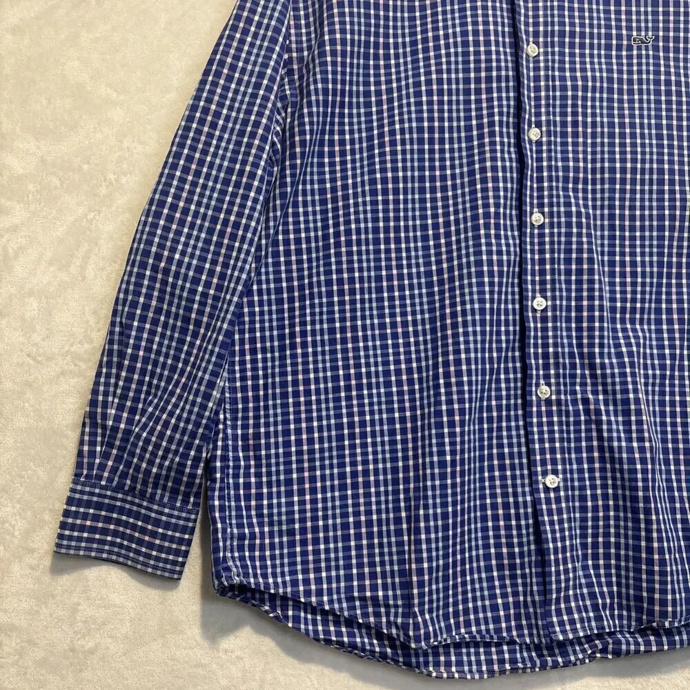 Vineyard Vines Men's Plaid Whale Shirt Button Down Pink Blue Size Large Preppy